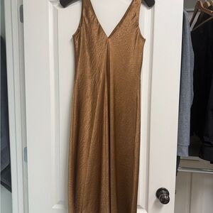 Vince Bronze Midi Dress, Satin, V neck, Sleeveless